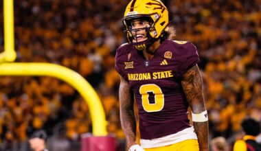 Aug 30, 2025; Tempe, Arizona, USA; Arizona State Sun Devils wide receiver Jordyn Tyson (0) celebrates his touchdown in the first quarter between Arizona State Sun Devils and Northern Arizona Lumberjacks at Mountain America Stadium.