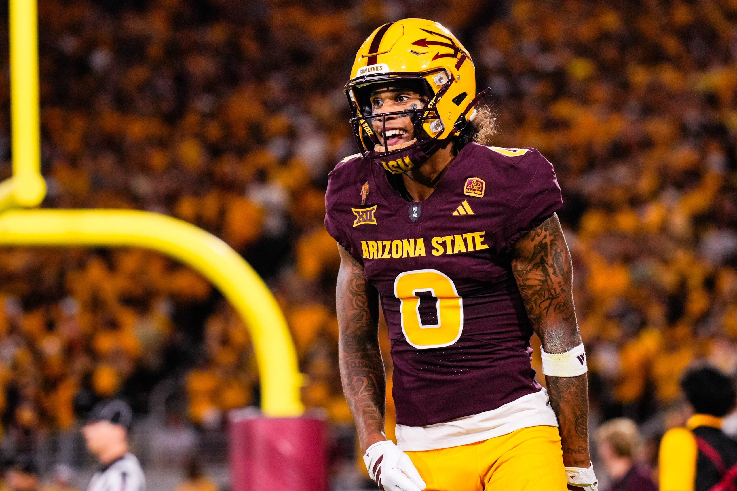 Aug 30, 2025; Tempe, Arizona, USA; Arizona State Sun Devils wide receiver Jordyn Tyson (0) celebrates his touchdown in the first quarter between Arizona State Sun Devils and Northern Arizona Lumberjacks at Mountain America Stadium.