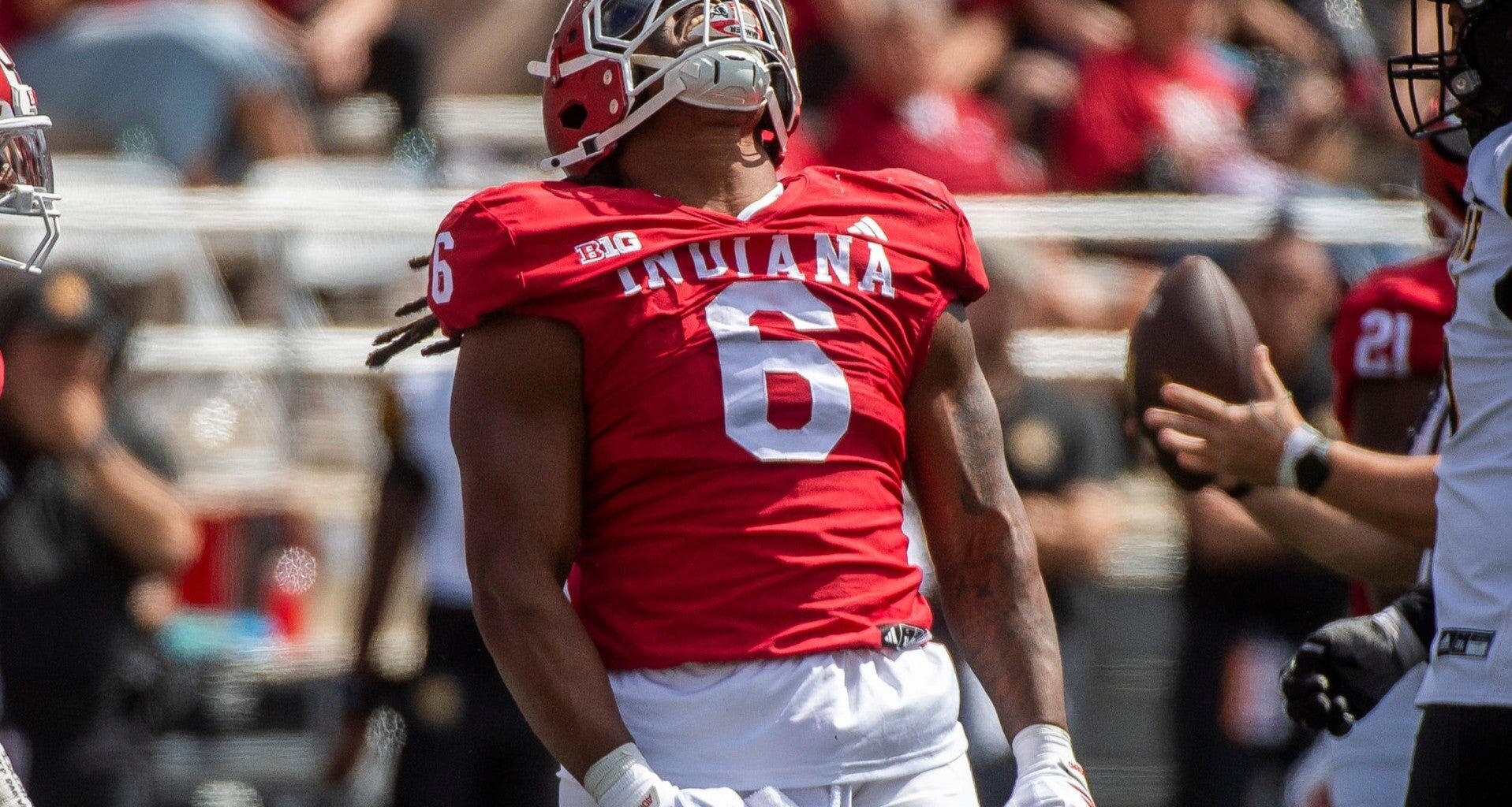 Indiana's Mikail Kamara (6) celebrates a sack of Kennesaw State's Amari Odom (2) during the Indiana versus Kennesaw State Big Ten football game at Memorial Stadium on Saturday, Sept. 6, 2025.