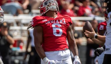 Indiana's Mikail Kamara (6) celebrates a sack of Kennesaw State's Amari Odom (2) during the Indiana versus Kennesaw State Big Ten football game at Memorial Stadium on Saturday, Sept. 6, 2025.