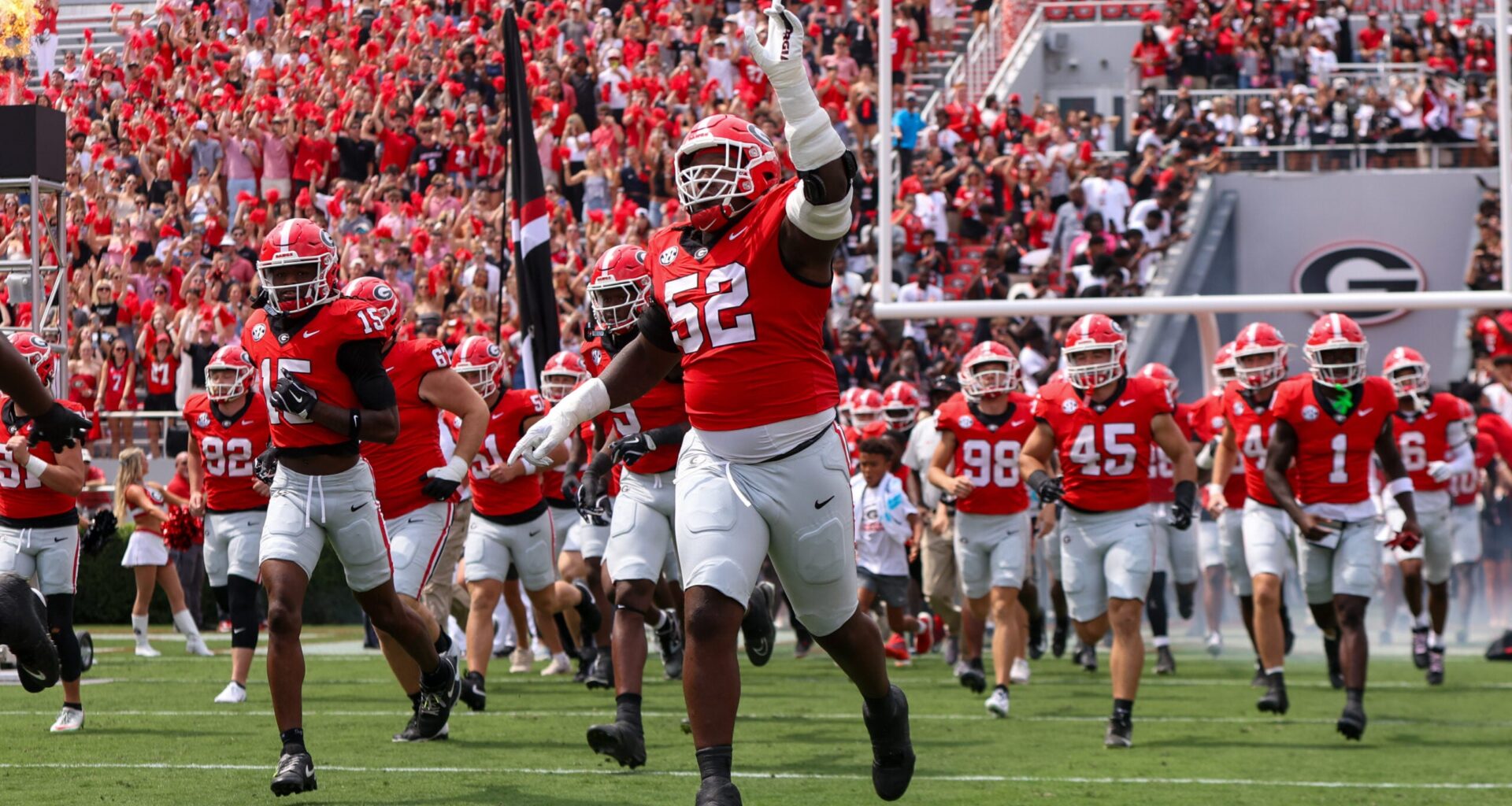Sep 6, 2025; Athens, Georgia, USA; Georgia Bulldogs defensive lineman Christen Miller (52) runs on the field before a game against the Austin Peay Governors at Sanford Stadium.
