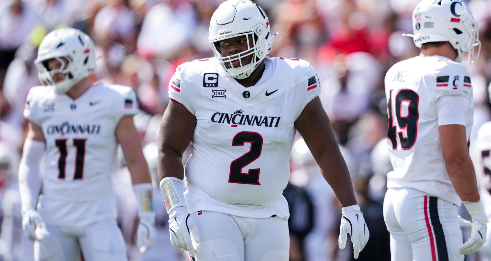 Sep 6, 2025; Cincinnati, Ohio, USA; Cincinnati Bearcats defensive lineman Dontay Corleone (2) stands on the field against the Bowling Green Falcons in the first half at Nippert Stadium.