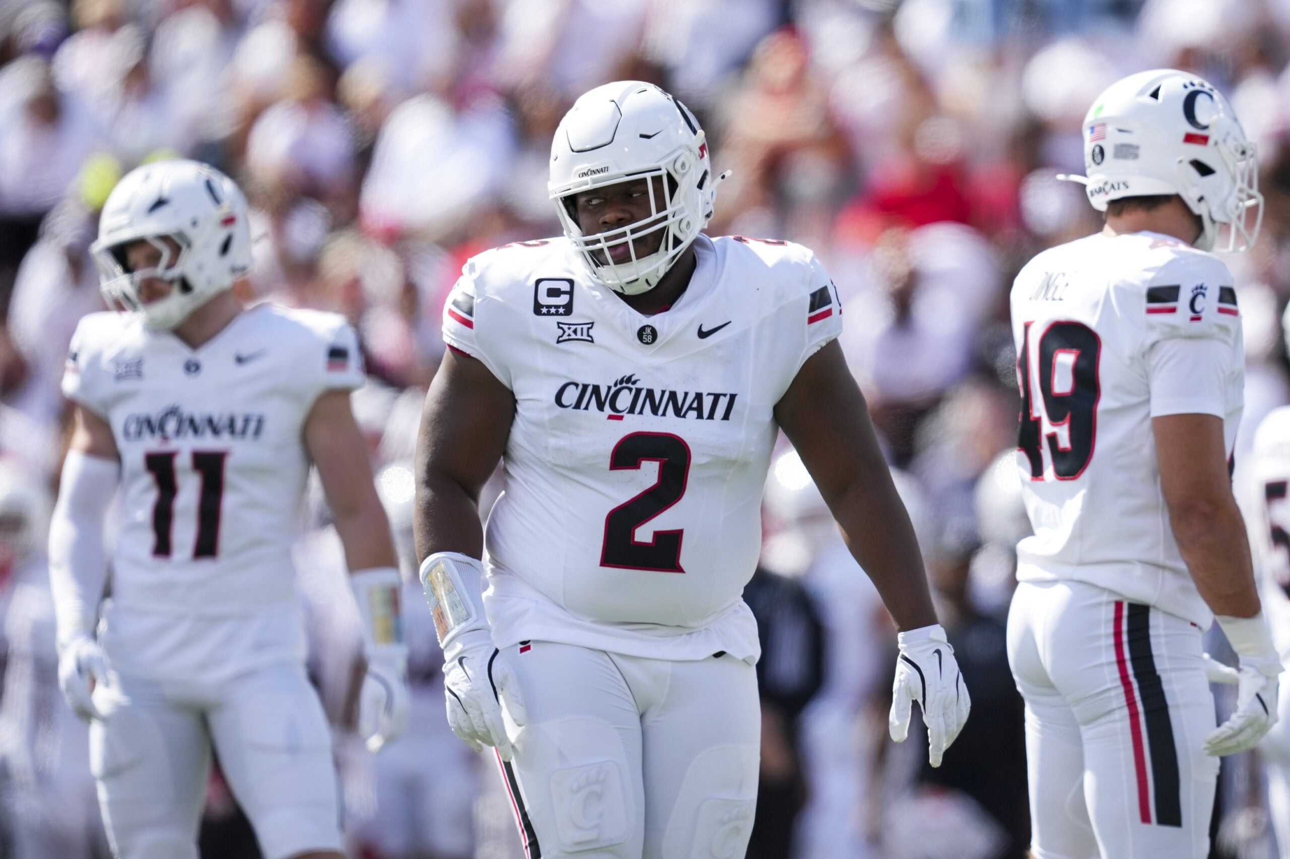 Sep 6, 2025; Cincinnati, Ohio, USA; Cincinnati Bearcats defensive lineman Dontay Corleone (2) stands on the field against the Bowling Green Falcons in the first half at Nippert Stadium. Mandatory Credit: Aaron Doster-Imagn Images