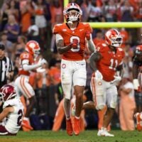Clemson Tigers cornerback Avieon Terrell (8) celebrates after stopping a fake punt attempt by Troy Trojans Saturday, Sept. 6, 2025 during the NCAA football game at Memorial Stadium in Clemson, South Carolina.