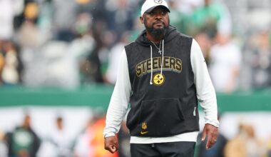 Sep 7, 2025; East Rutherford, New Jersey, USA; Pittsburgh Steelers head coach Mike Tomlin looks on before the game against the New York Jets at MetLife Stadium.