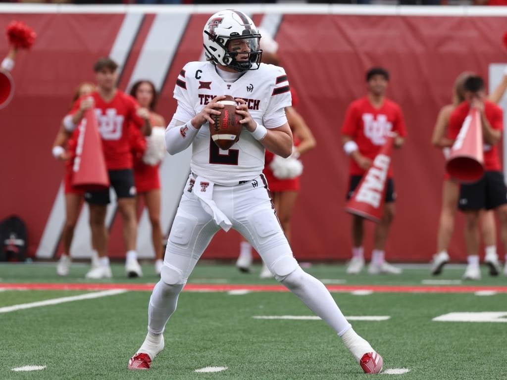 Sep 20, 2025; Salt Lake City, Utah, USA; Texas Tech Red Raiders quarterback Behren Morton (2) drops back to pass against the Utah Utes during the first quarter at Rice-Eccles Stadium. Mandatory Credit: Rob Gray-Imagn Images Patriots