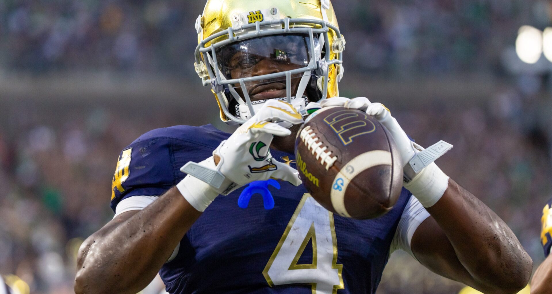 Sep 20, 2025; South Bend, Indiana, USA; Notre Dame Fighting Irish running back Jeremiyah Love (4) celebrates scoring against the Purdue Boilermakers in the second half at Notre Dame Stadium.