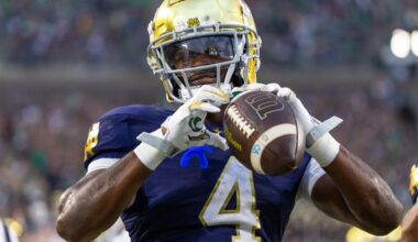 Sep 20, 2025; South Bend, Indiana, USA; Notre Dame Fighting Irish running back Jeremiyah Love (4) celebrates scoring against the Purdue Boilermakers in the second half at Notre Dame Stadium.