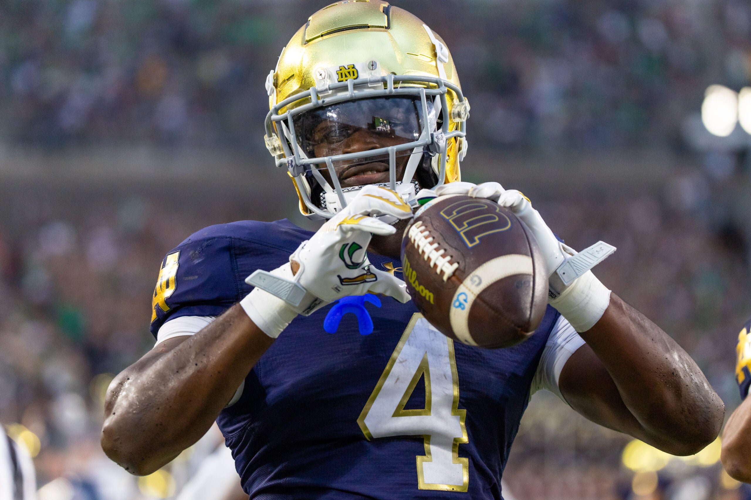 Sep 20, 2025; South Bend, Indiana, USA; Notre Dame Fighting Irish running back Jeremiyah Love (4) celebrates scoring against the Purdue Boilermakers in the second half at Notre Dame Stadium.