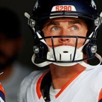 Sep 21, 2025; Inglewood, California, USA; Denver Broncos quarterback Bo Nix (10) warms up before the game against Los Angeles Chargers at SoFi Stadium.