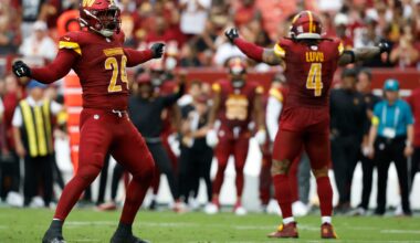 Sep 21, 2025; Landover, Maryland, USA; Washington Commanders outside linebacker Von Miller (24) celebrates with Commanders linebacker Frankie Luvu (4) after recording a sack against the Las Vegas Raiders during the third quarter at Northwest Stadium.