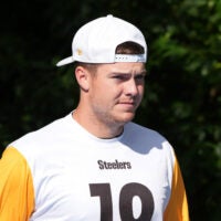 Sep 26, 2025; Maynooth, Ireland; Pittsburgh Steelers quarterback Will Howard (18) during practice at Carton House.