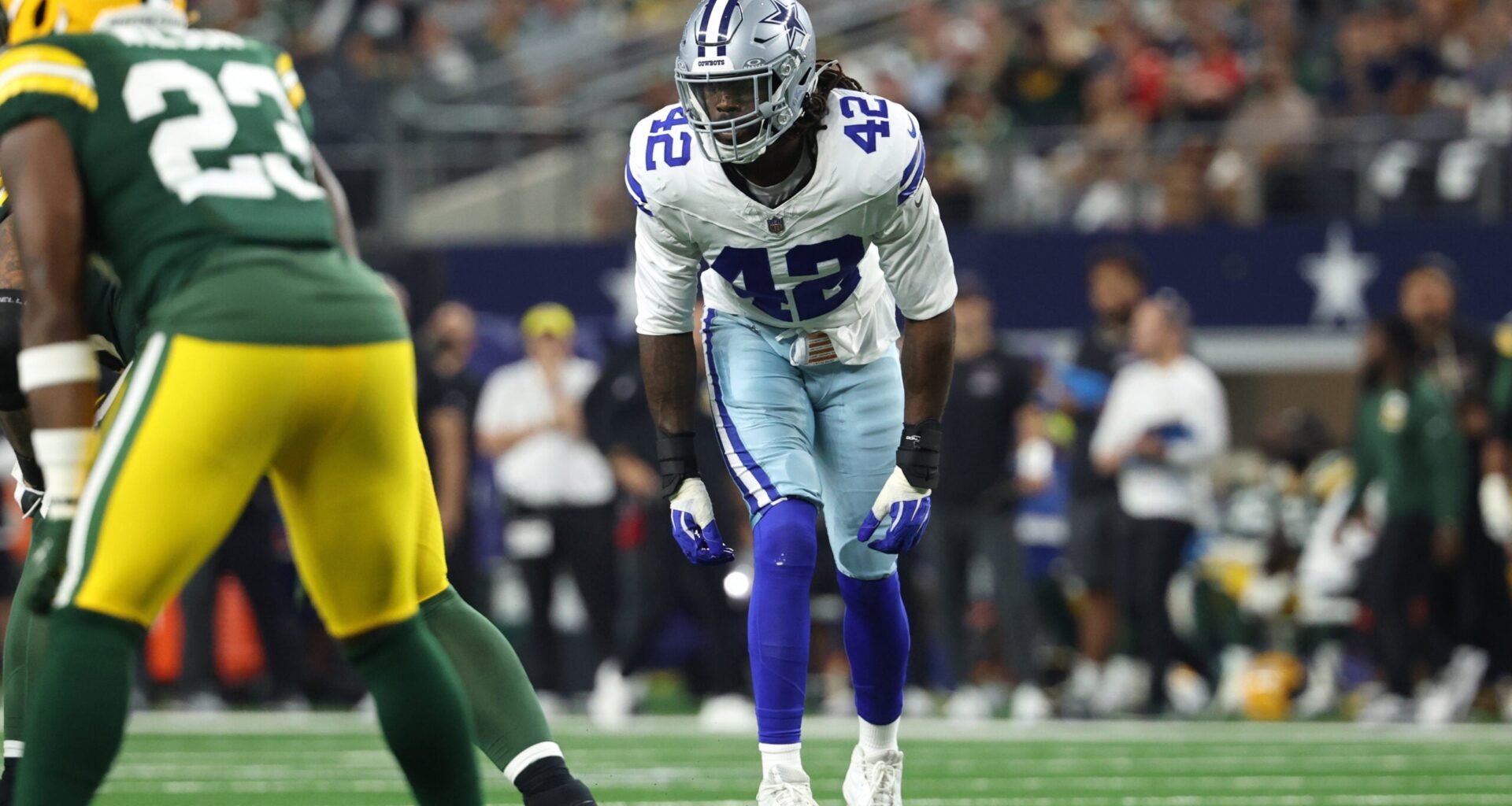 Sep 28, 2025; Arlington, Texas, USA; Dallas Cowboys defensive end Jadeveon Clowney looks on in the second half against the Green Bay Packers at AT&T Stadium.