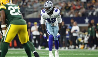 Sep 28, 2025; Arlington, Texas, USA; Dallas Cowboys defensive end Jadeveon Clowney looks on in the second half against the Green Bay Packers at AT&T Stadium.