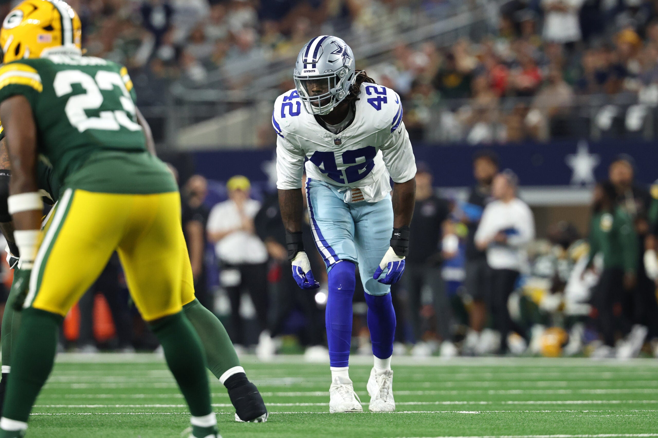 Sep 28, 2025; Arlington, Texas, USA; Dallas Cowboys defensive end Jadeveon Clowney looks on in the second half against the Green Bay Packers at AT&T Stadium.