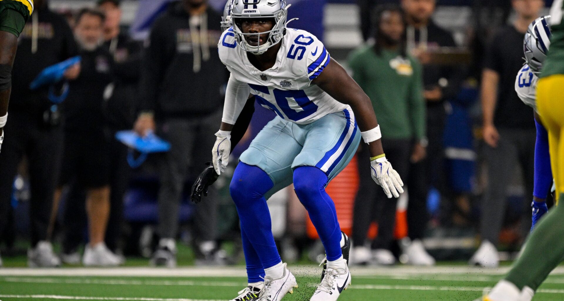Sep 28, 2025; Arlington, Texas, USA; Dallas Cowboys linebacker Shemar James (50) lines up during the game between the Dallas Cowboys and the Green Bay Packers at AT&T Stadium.