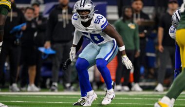 Sep 28, 2025; Arlington, Texas, USA; Dallas Cowboys linebacker Shemar James (50) lines up during the game between the Dallas Cowboys and the Green Bay Packers at AT&T Stadium.