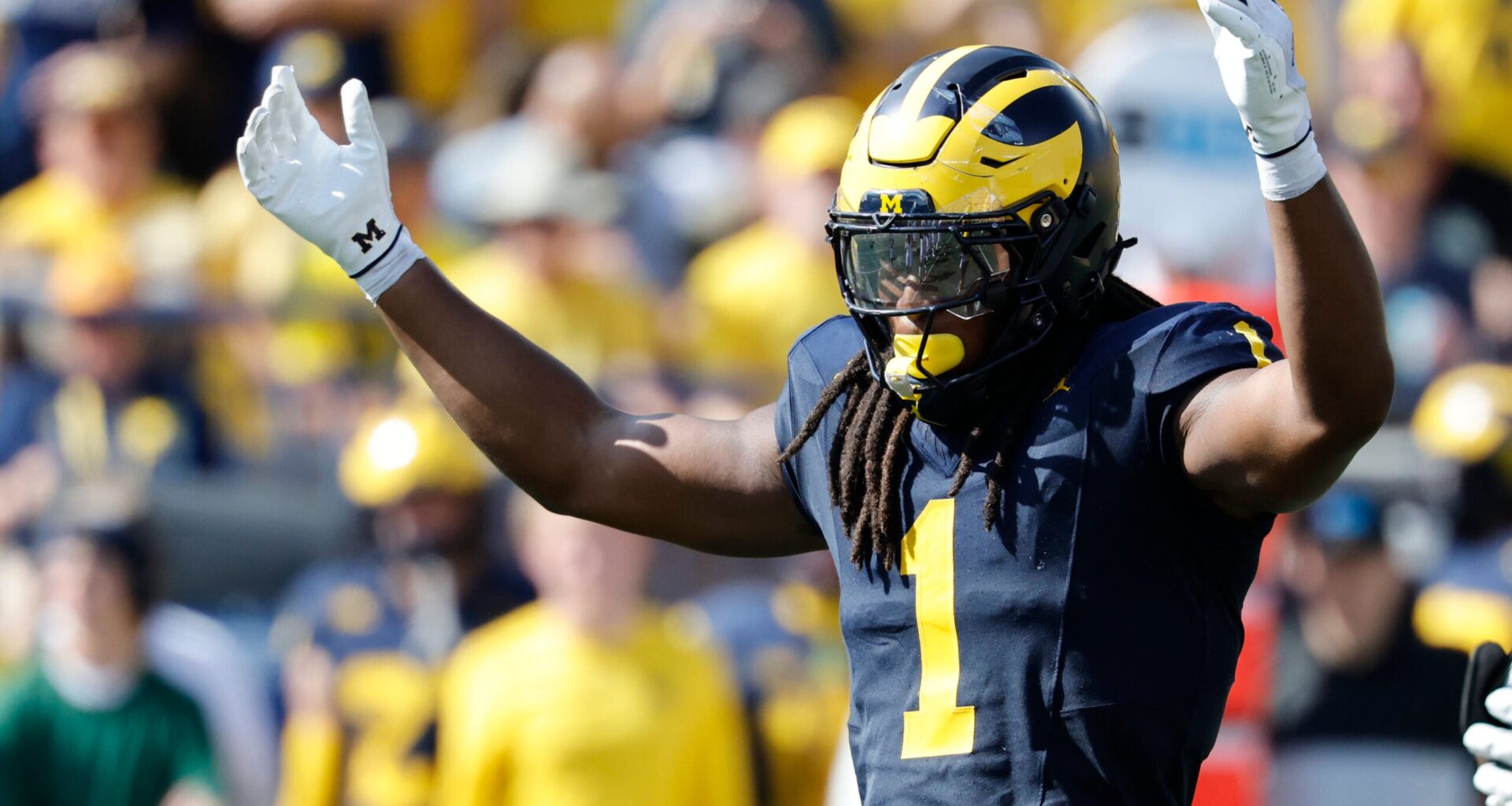 Oct 4, 2025; Ann Arbor, Michigan, USA; Michigan Wolverines linebacker Jaishawn Barham (1) reacts in the second half against the Wisconsin Badgers at Michigan Stadium.