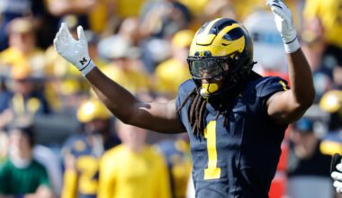 Oct 4, 2025; Ann Arbor, Michigan, USA; Michigan Wolverines linebacker Jaishawn Barham (1) reacts in the second half against the Wisconsin Badgers at Michigan Stadium.