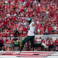 Oct 4, 2025; Lincoln, Nebraska, USA; Michigan State Spartans punter Ryan Eckley (96) punts from his own end zone during the game against Nebraska at Memorial Stadium.