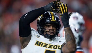 Missouri Tigers defensive tackle Chris McClellan (7) celebrates his sack as Auburn Tigers take on Missouri Tigers at Jordan-Hare Stadium in Auburn, Ala. on Saturday, Oct. 18, 2025. Missouri Tigers lead Auburn Tigers 10-7 at halftime.