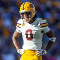 Oct 18, 2025; Tempe, Arizona, USA; Arizona State Sun Devils wide receiver Jordyn Tyson (0) against the Texas Tech Red Raiders at Mountain America Stadium. Mandatory Credit: Mark J. Rebilas-Imagn Images