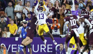 Oct 25, 2025; Baton Rouge, Louisiana, USA; Louisiana State Tigers defensive back A.J. Haulcy (13) makes an interception against Texas A&M Aggies tight end Theo Melin Öhrström (17) during the first half at Tiger Stadium.