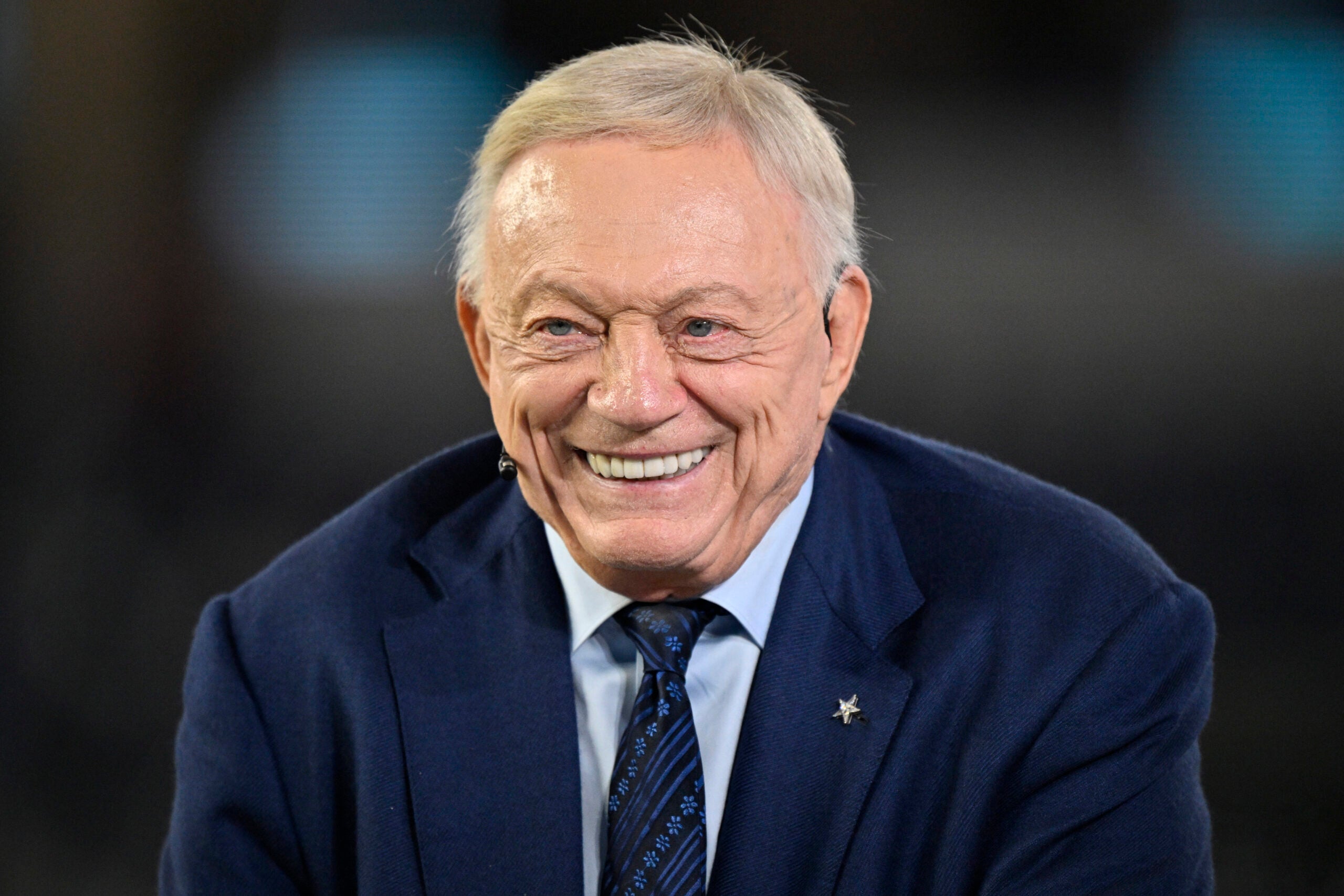 Nov 3, 2025; Arlington, Texas, USA; Dallas Cowboys owner Jerry Jones talks before the game against the Arizona Cardinals at AT&T Stadium.