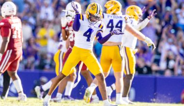 Nov 15, 2025; Baton Rouge, Louisiana, USA; LSU Tigers cornerback Mansoor Delane (4) reacts to a stop on fourth down against the Arkansas Razorbacks during the second half at Tiger Stadium.