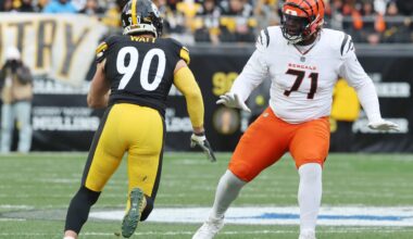 Nov 16, 2025; Pittsburgh, Pennsylvania, USA; Cincinnati Bengals offensive tackle Amarius Mims (71) gets in position to block Pittsburgh Steelers linebacker T.J. Watt (90) during the second half at Acrisure Stadium.