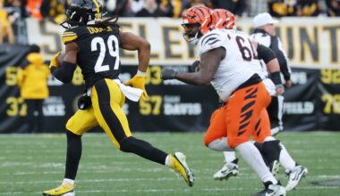 Nov 16, 2025; Pittsburgh, Pennsylvania, USA; Pittsburgh Steelers safety Kyle Dugger (29) intercepts the ball against the Cincinnati Bengals during the second half at Acrisure Stadium.