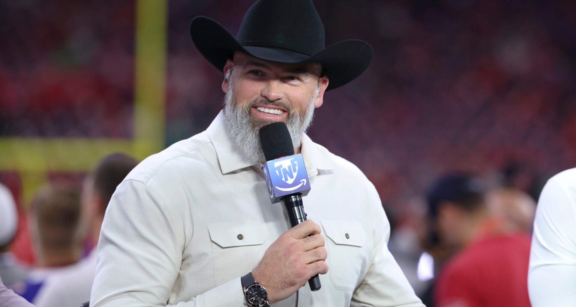 Nov 20, 2025; Houston, Texas, USA; Television analyst Andrew Whitworth talks before the game between the Houston Texans and the Buffalo Bills at NRG Stadium.
