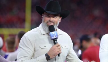Nov 20, 2025; Houston, Texas, USA; Television analyst Andrew Whitworth talks before the game between the Houston Texans and the Buffalo Bills at NRG Stadium.