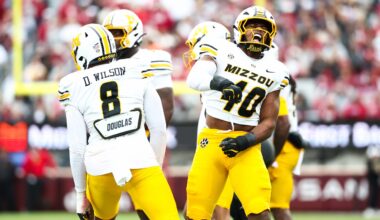 Nov 22, 2025; Norman, Oklahoma, USA; Missouri Tigers linebacker Josiah Trotter (40) reacts during the first quarter against the Oklahoma Sooners at Gaylord Family-Oklahoma Memorial Stadium.