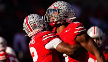 Ohio State Buckeyes defensive back Caleb Downs (2) celebrates with linebacker Sonny Styles (0) after sacking Rutgers Scarlet Knights quarterback Athan Kaliakmanis (16) in the second half of the NCAA football game at Ohio Stadium on Saturday, Nov. 22, 2025 in Columbus, Ohio.