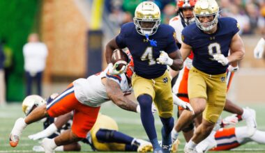 Notre Dame running back Jeremiyah Love (4) runs with the ball on his way to score a touchdown in the first half of a NCAA football game against Syracuse at Notre Dame Stadium on Saturday, Nov. 22, 2025, in South Bend.