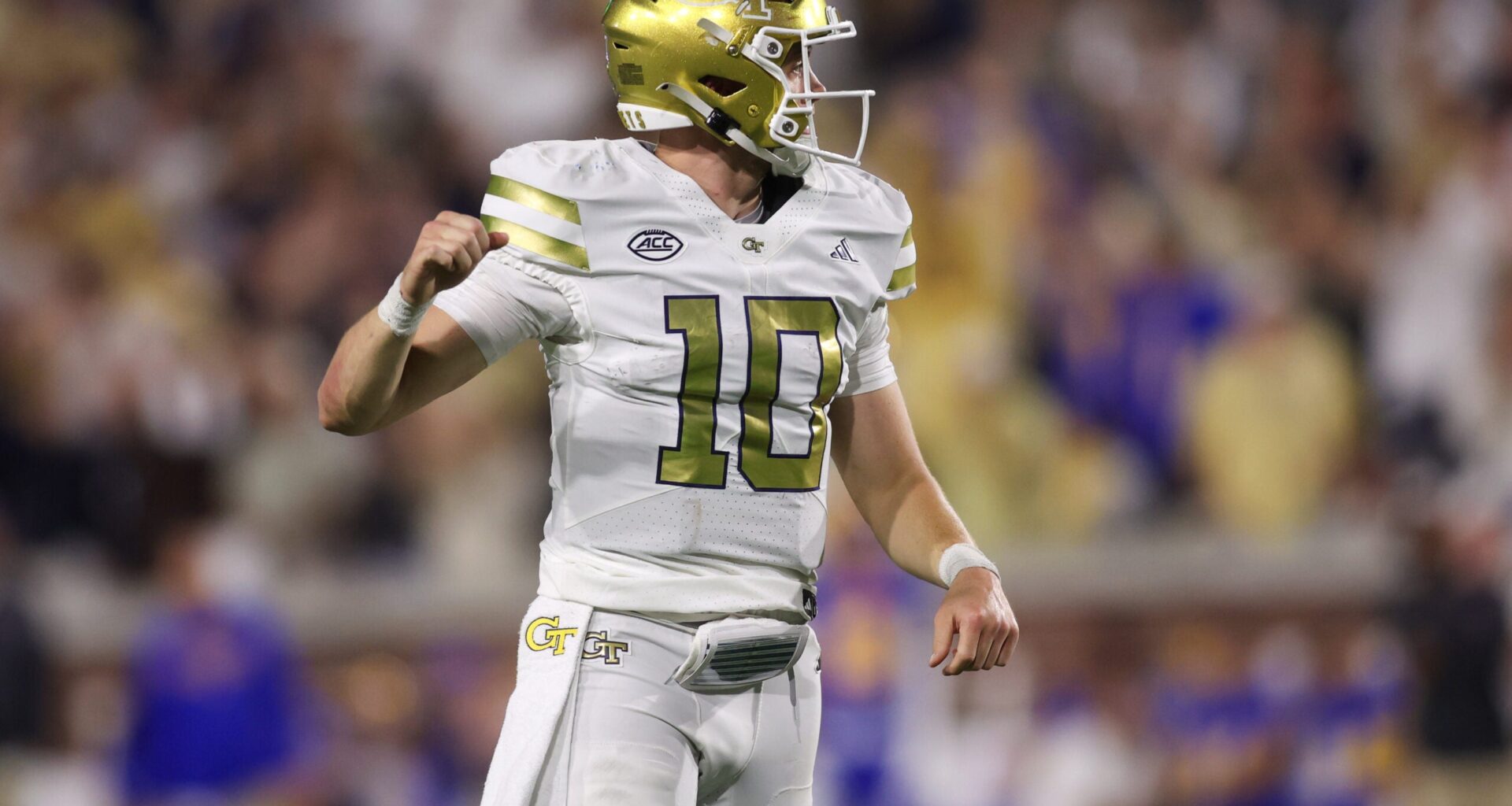 Nov 22, 2025; Atlanta, Georgia, USA; Georgia Tech Yellow Jackets quarterback Haynes King (10) reacts after a touchdown pass against the Pittsburgh Panthers in the second quarter.