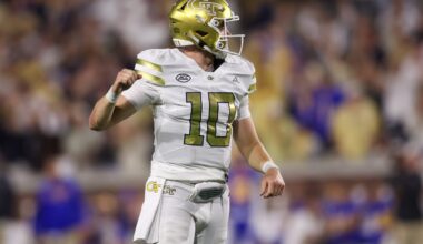 Nov 22, 2025; Atlanta, Georgia, USA; Georgia Tech Yellow Jackets quarterback Haynes King (10) reacts after a touchdown pass against the Pittsburgh Panthers in the second quarter.