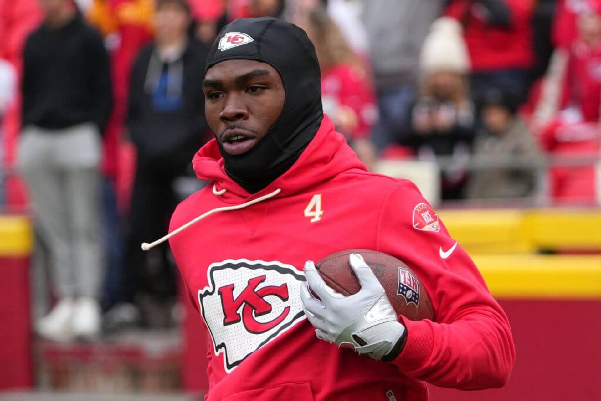 Kansas City Chiefs wide receiver Rashee Rice warms up before the game on Nov. 23, 2025.