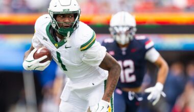 Nov 22, 2025; Tucson, Arizona, USA; Baylor Bears tight end Michael Trigg (1) against the Arizona Wildcats at Casino Del Sol Stadium.
