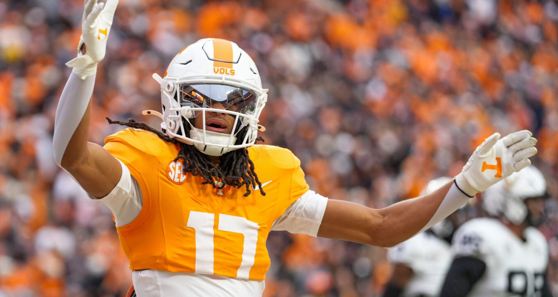 Tennessee wide receiver Chris Brazzell II (17) blows a kiss to the crowd after scoring a touchdown during a NCAA football game between Tennessee and Vanderbilt at Neyland Stadium in Knoxville, Tenn., on Nov. 29, 2025.