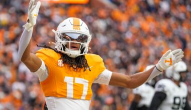 Tennessee wide receiver Chris Brazzell II (17) blows a kiss to the crowd after scoring a touchdown during a NCAA football game between Tennessee and Vanderbilt at Neyland Stadium in Knoxville, Tenn., on Nov. 29, 2025.