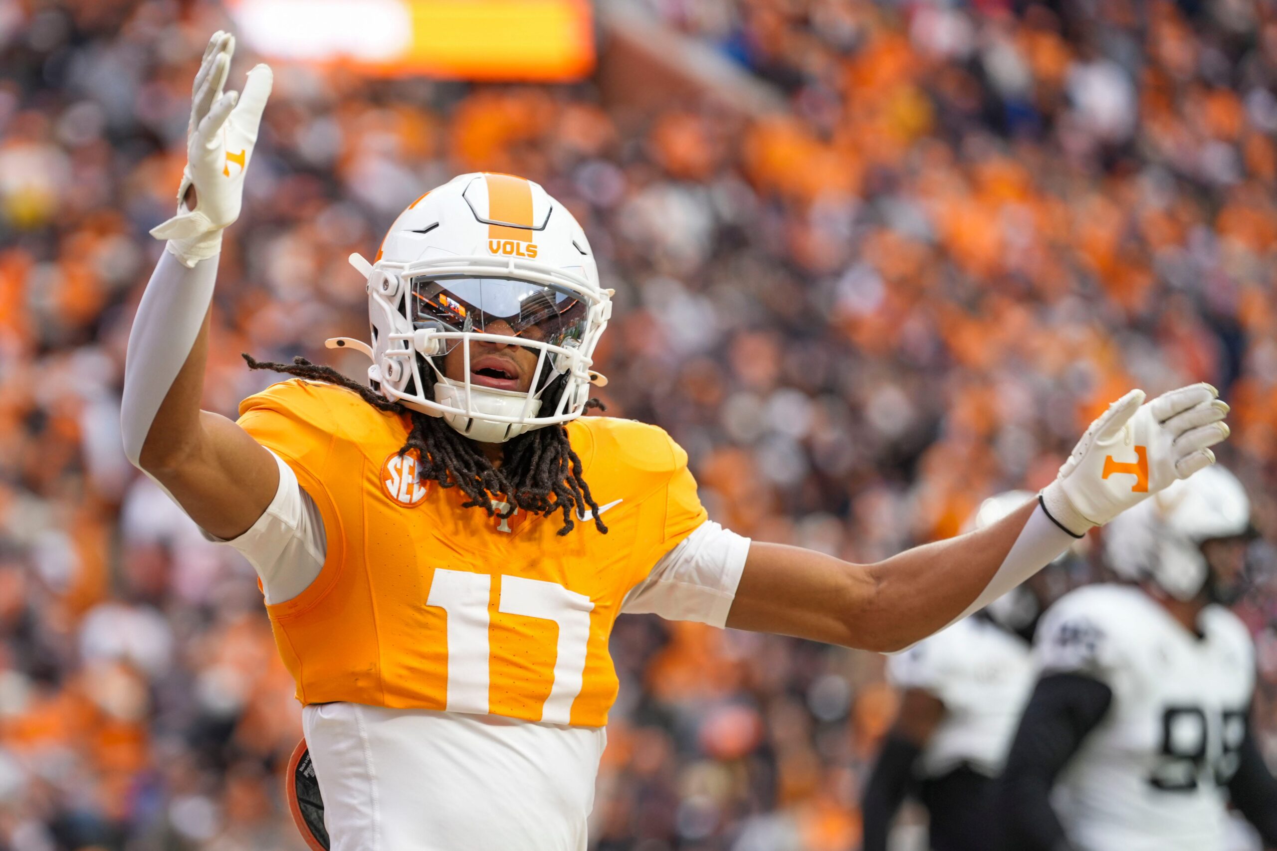 Tennessee wide receiver Chris Brazzell II (17) blows a kiss to the crowd after scoring a touchdown during a NCAA football game between Tennessee and Vanderbilt at Neyland Stadium in Knoxville, Tenn., on Nov. 29, 2025.
