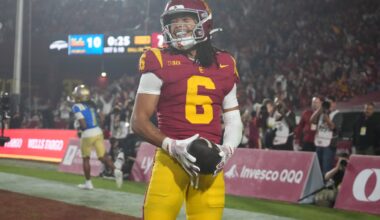Nov 29, 2025; Los Angeles, California, USA; Southern California Trojans wide receiver Makai Lemon (6) celebrates after catching a 32-yard touchdown pass against the UCLA Bruins in the second half at United Airlines Field at Los Angeles Memorial Coliseum.