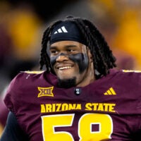 Nov 28, 2025; Tempe, Arizona, USA; Arizona State Sun Devils offensive lineman Max Iheanachor (58) against the Arizona Wildcats during the 99th Territorial Cup at Mountain America Stadium.