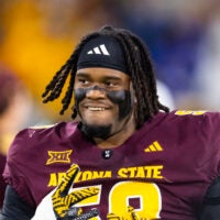 Nov 28, 2025; Tempe, Arizona, USA; Arizona State Sun Devils offensive lineman Max Iheanachor (58) against the Arizona Wildcats during the 99th Territorial Cup at Mountain America Stadium.