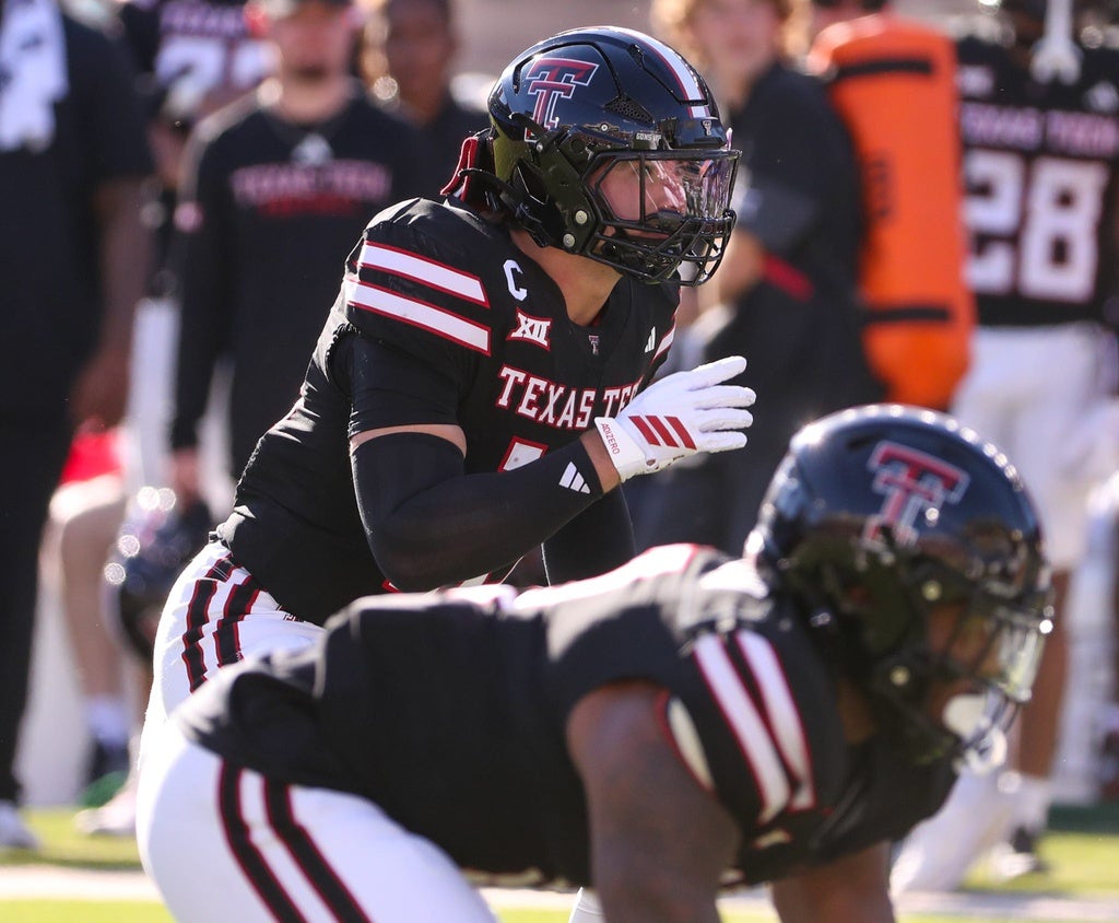 Texas Tech's Jacob Rodriguez pursues the ball against UCF during a Big 12 Conference football game, Saturday, Nov. 15, 2025, at Jones AT&T Stadium.