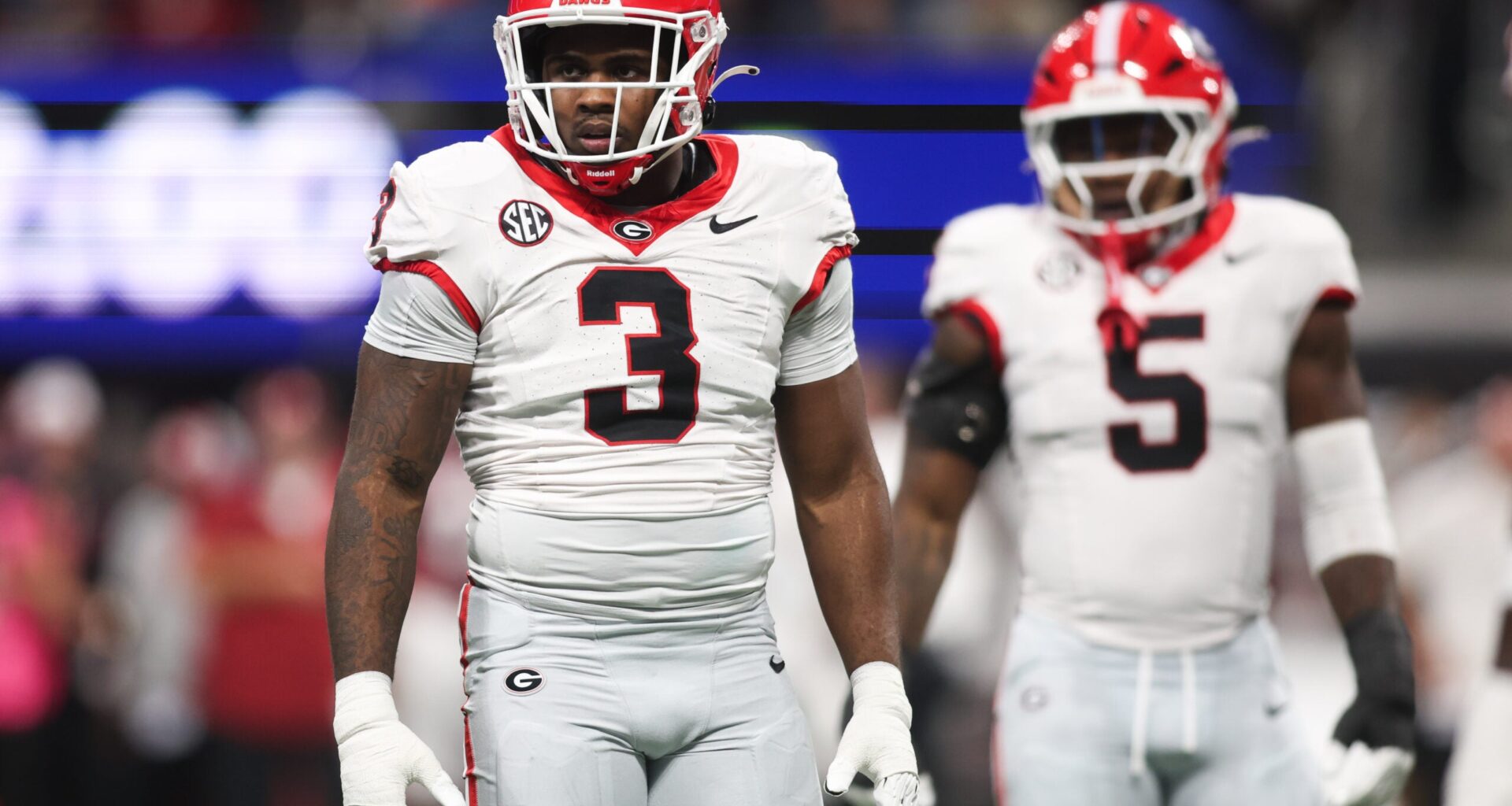 Dec 6, 2025; Atlanta, GA, USA; Georgia Bulldogs linebacker CJ Allen (3) looks on during the first quarter against the Alabama Crimson Tide during the 2025 SEC Championship game at Mercedes-Benz Stadium.