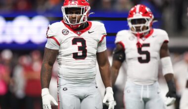 Dec 6, 2025; Atlanta, GA, USA; Georgia Bulldogs linebacker CJ Allen (3) looks on during the first quarter against the Alabama Crimson Tide during the 2025 SEC Championship game at Mercedes-Benz Stadium.
