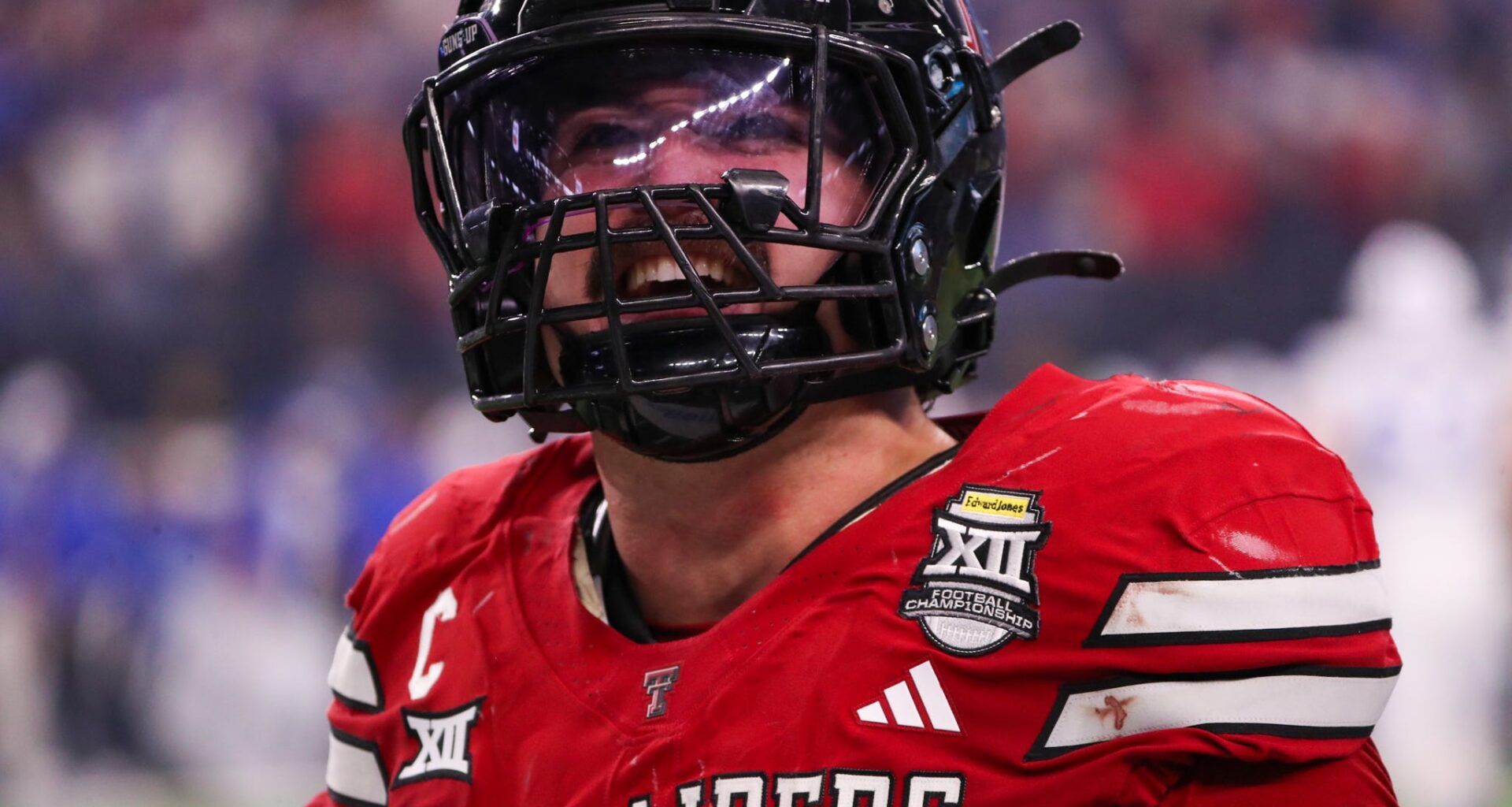 Texas Tech's Jacob Rodriguez celebrates a BYU turnover during the Big 12 Conference championship football game, Saturday, Nov. 6, 2025, at AT&T Stadium in Arlington.
